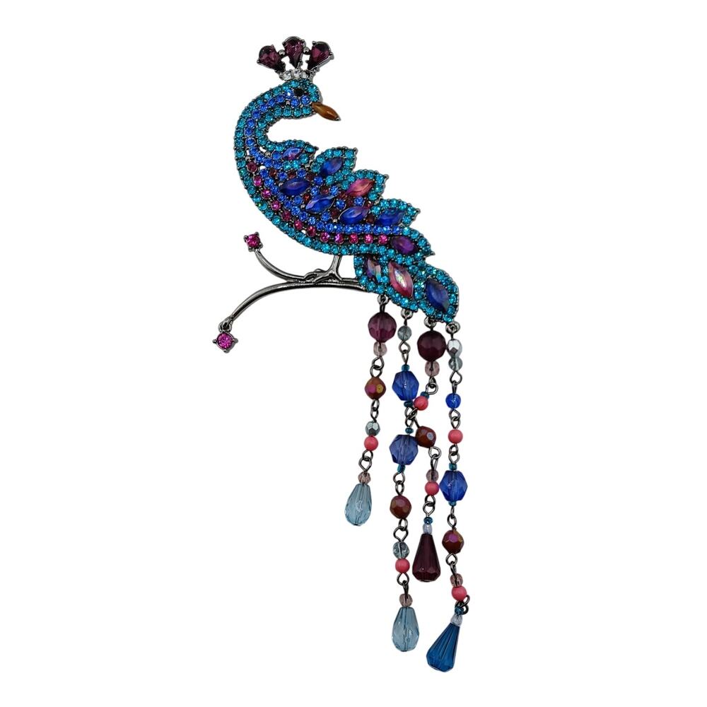 Avon Silvertone Peacock Rhinestone And Beaded Dangle Brooch Timeless Elegant - Picture 2 of 6